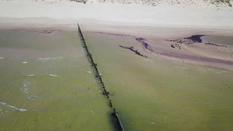 Aerial-birdseye-view-of-Baltic-sea-coast-on-a-sunny-day,-white-sand-seashore-dunes-damaged-by-waves,-coastal-erosion,-climate-changes,-wide-angle-drone-shot-moving-forward