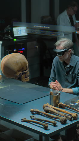 archaeologist using vr to study a prehistoric human skull