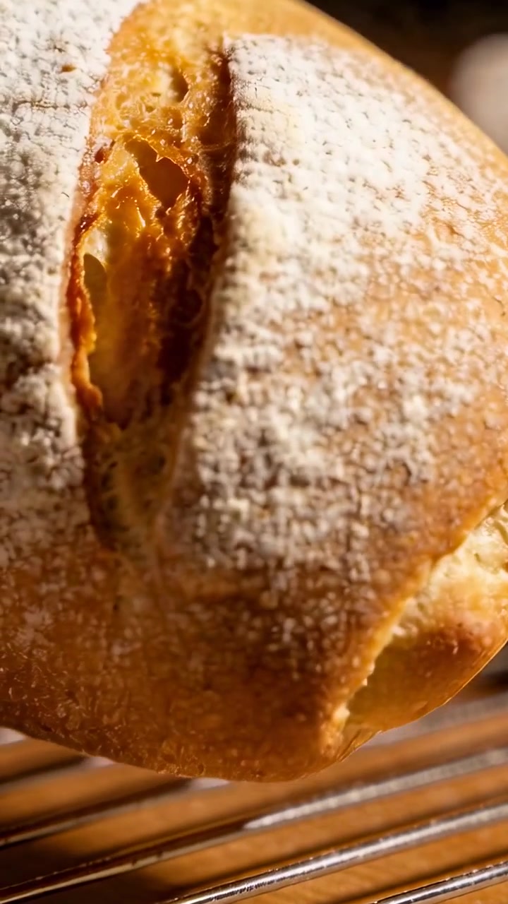 Vertical video: Panning crusty loaf rotating on metal rack at bakery, hand adjusting to show crust