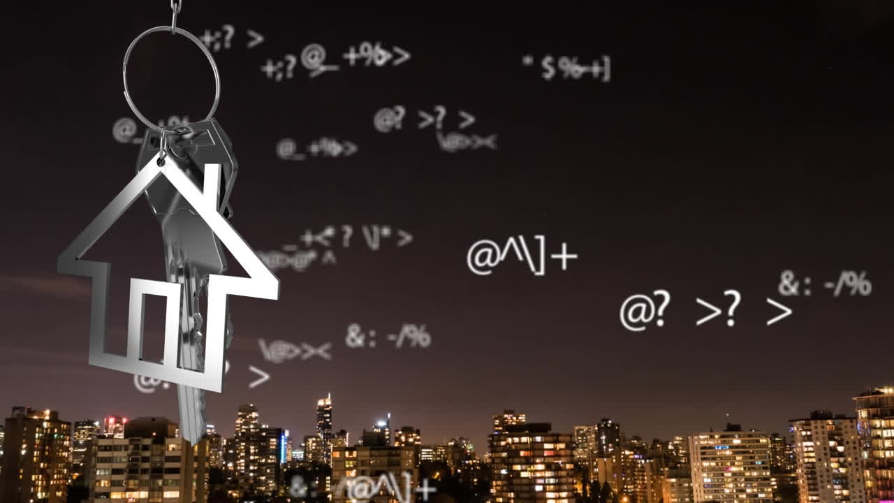 기호와 도시 풍경 위에 집 열 ⁇ 와 열 ⁇ 를 흔들고 있는 애니메이션