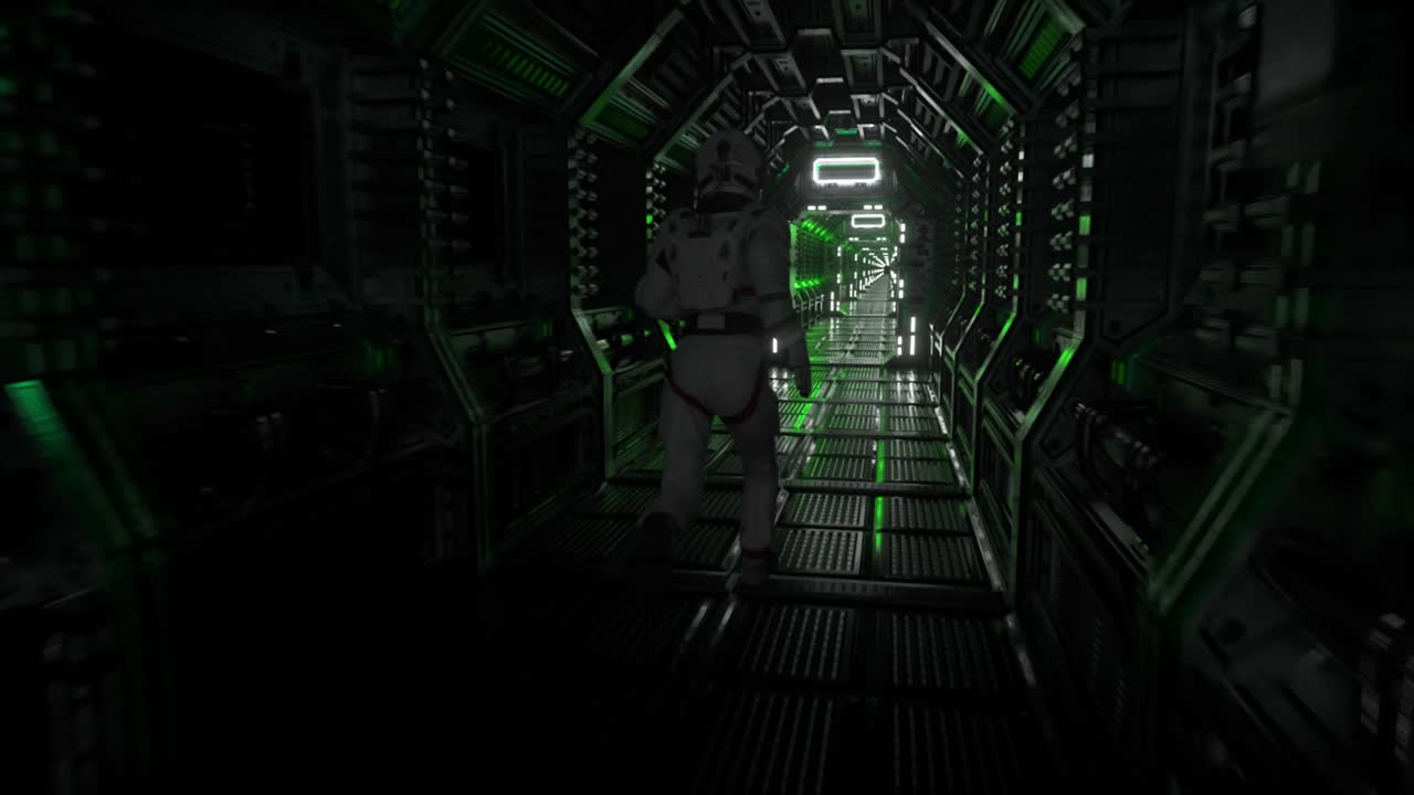 Astronaut Running Through a Futuristic Spaceship Corridor