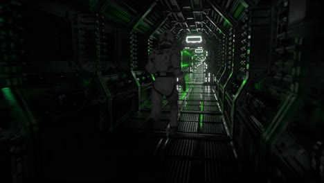 astronauta corriendo a través de un corredor de una nave espacial futurista