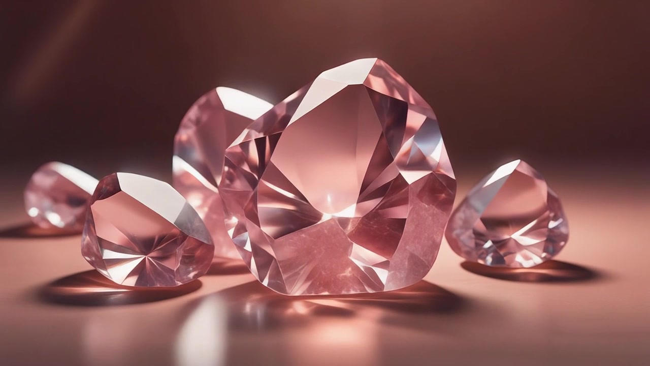 Group of Sparkling Pink Diamonds on a Reflective Surface