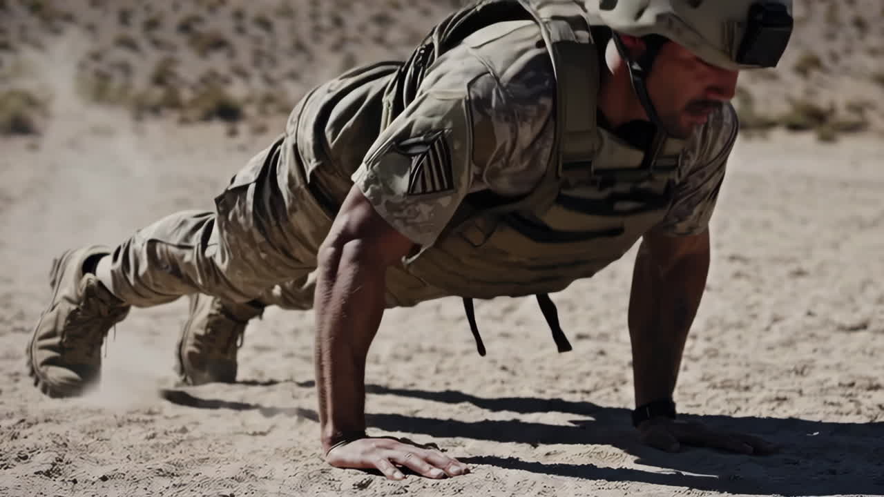Soldier performing push-ups in the desert