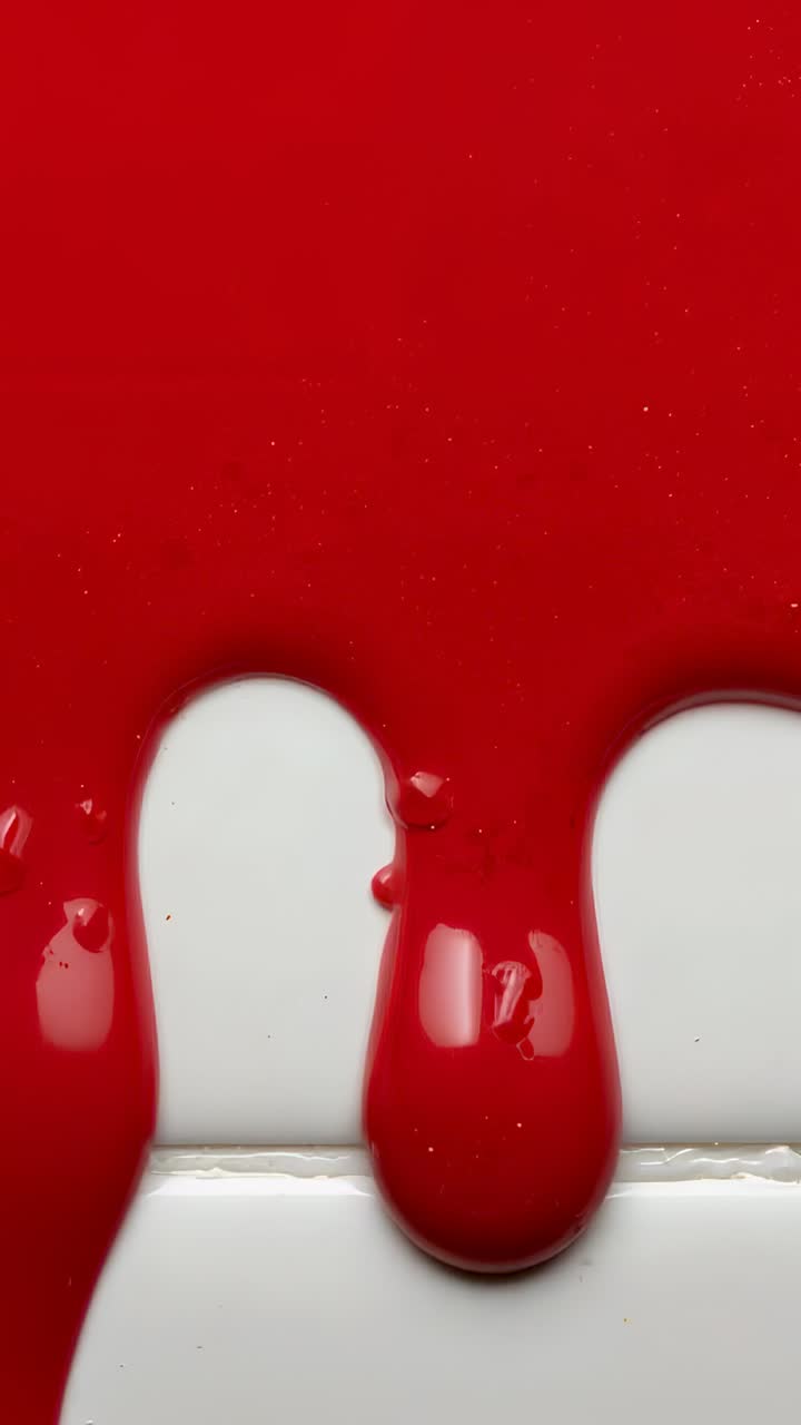 Vertical video: Reaching edge glossy red paint dripping down white panel, by gravity