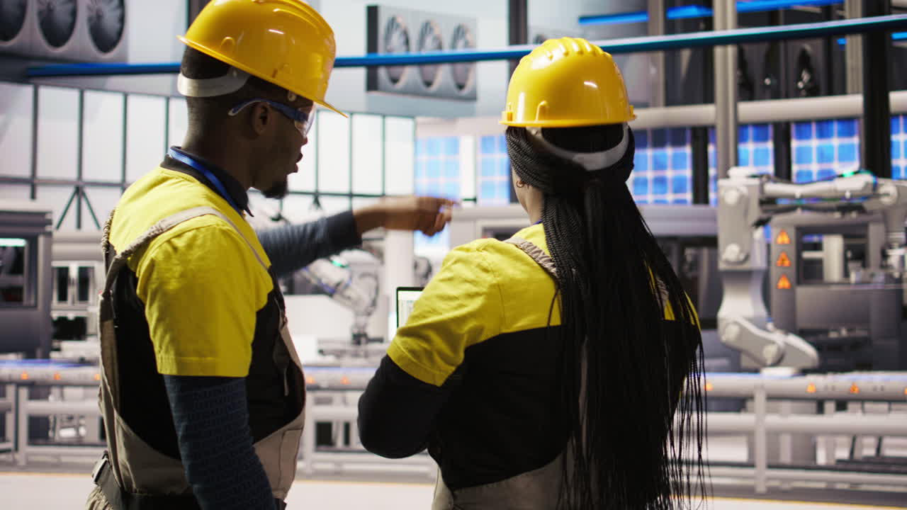 Vertical video IT staff members overseeing solar panel production lines equipment