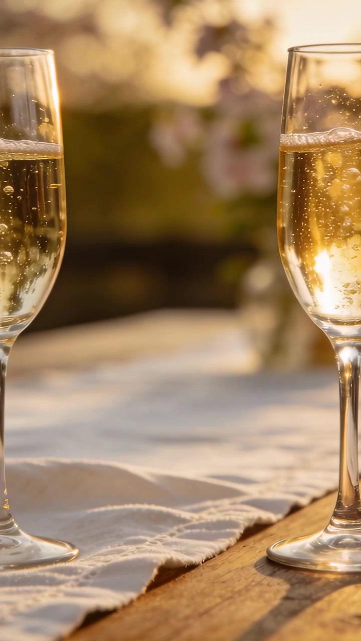 Due flûte di champagne su un'asse di legno, telecamera che esegue una panoramica a destra, bollicine che salgono per il marketing del lifestyle.