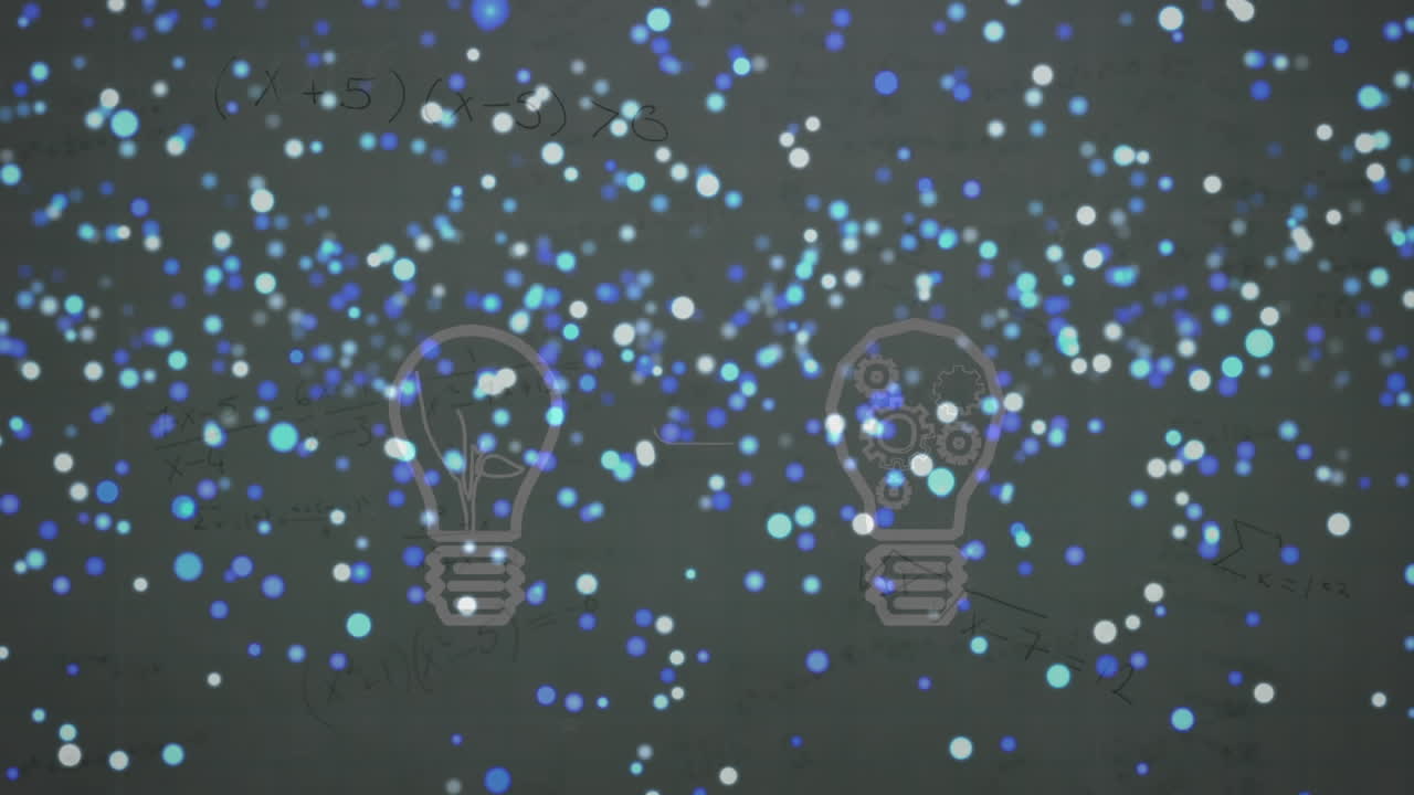 검은 바탕에 다채로운 떠다니는 크리스마스 불빛 위에 전구 기호의 애니메이션