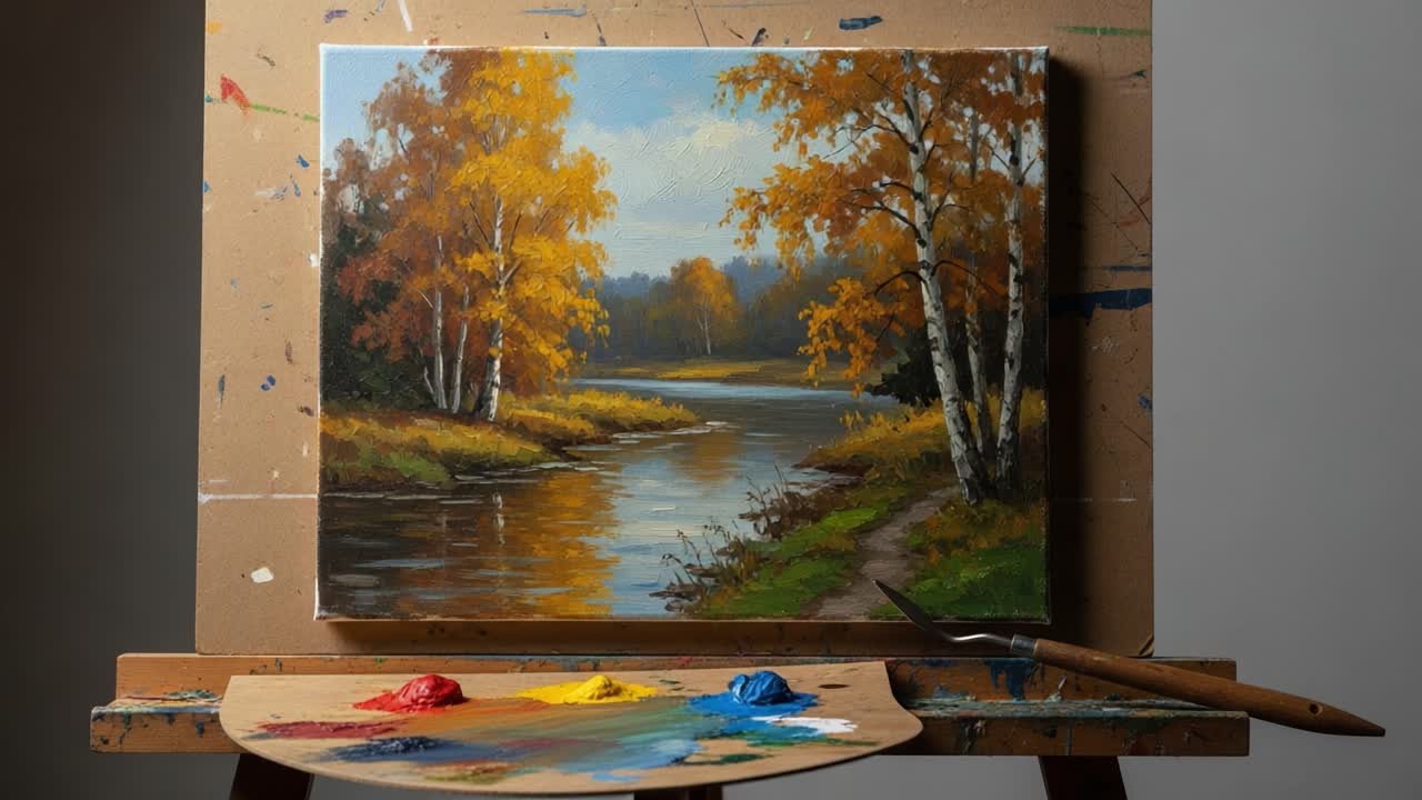 Captivating Autumn Landscape Painting with Flowing River and Vibrant Trees Showcasing Warm Fall Colors and Artistic Expression in a Studio Setting