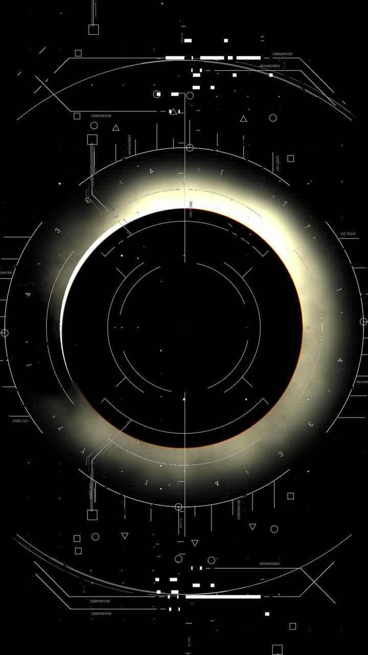 Vertical animation of futuristic HUD interface analyzing total solar eclipse with corona visible in space