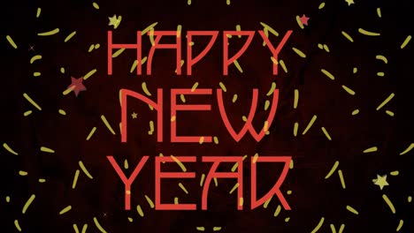 Animation-of-happy-new-year-text-in-red,-with-yellow-confetti-falling-on-black-background