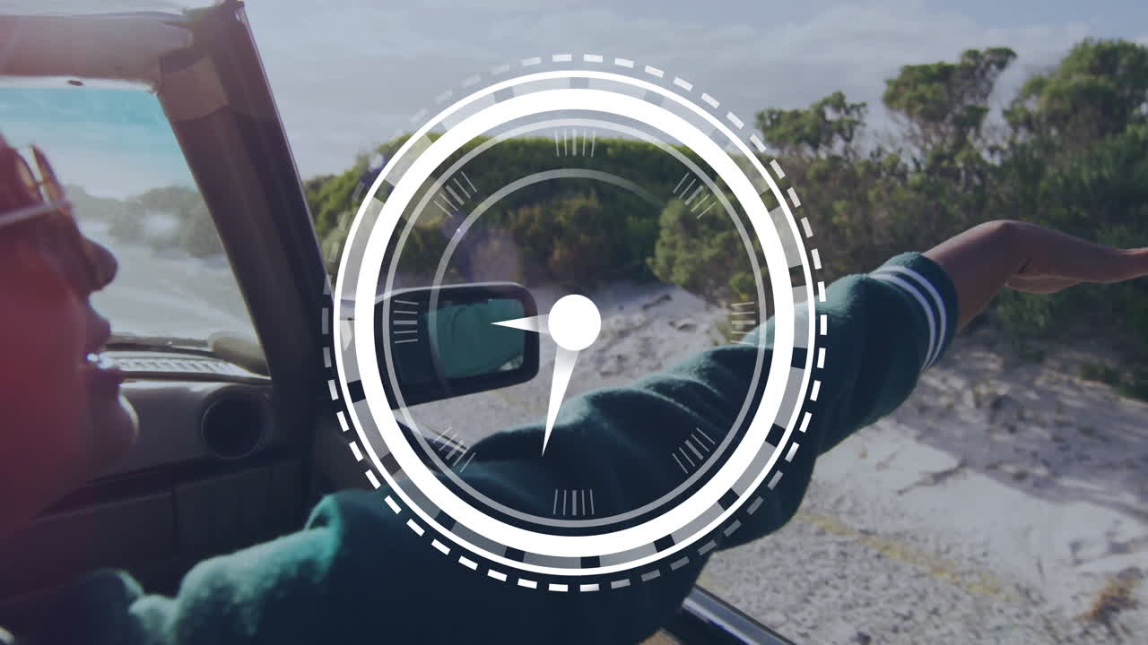 Person in car enjoying scenic drive with speedometer animation overlay