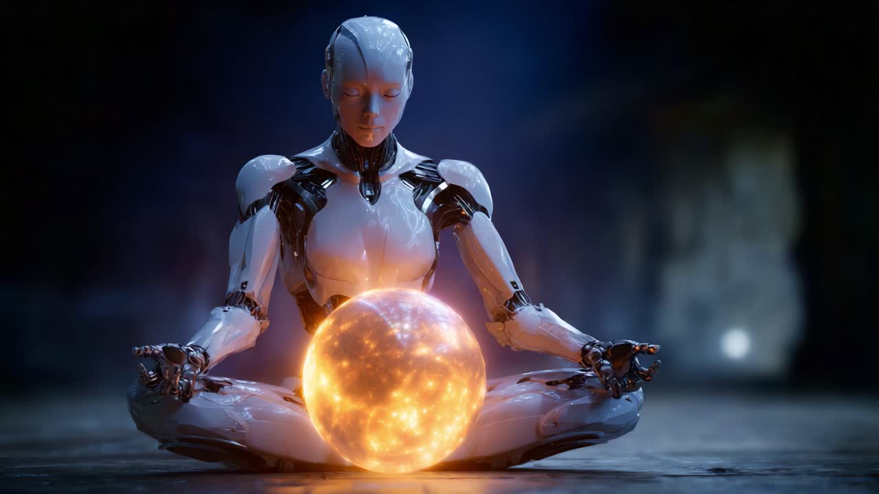 En futuristisk robot som mediterer mens den holder en lysende kule som utstråler energi og lys, og som eksemplifiserer en blanding av teknologi og spiritualitet i et fredfylt miljø