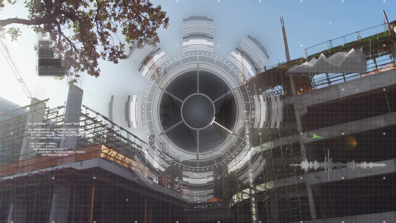 Construction site with scaffolding, futuristic data interface animation overlaying trees