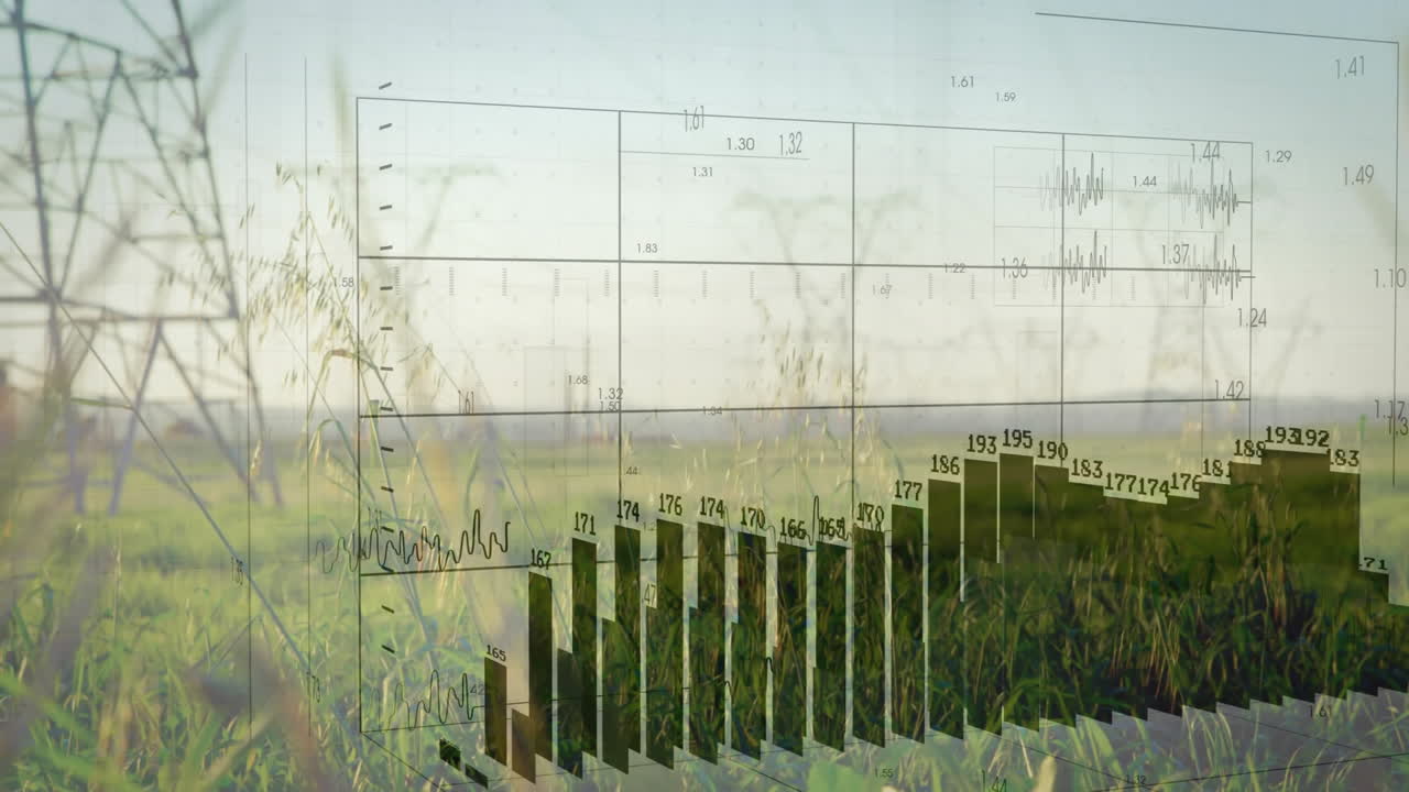 Transparent 3D bar chart floating above rural grass field, featuring line graph with steel tower