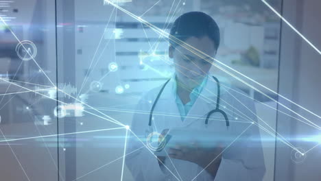 animation of network of connections over biracial female doctor using tablet