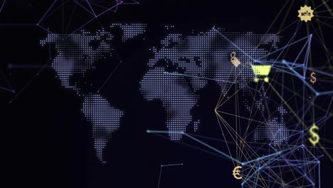 animation of network of connections with shopping icons over world map