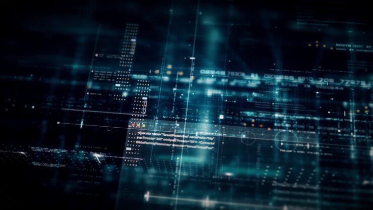 Advanced data matrix simulation UI with cutting-edge digital environment with a dynamic and immersive display of interconnected data matrix information networks systems background