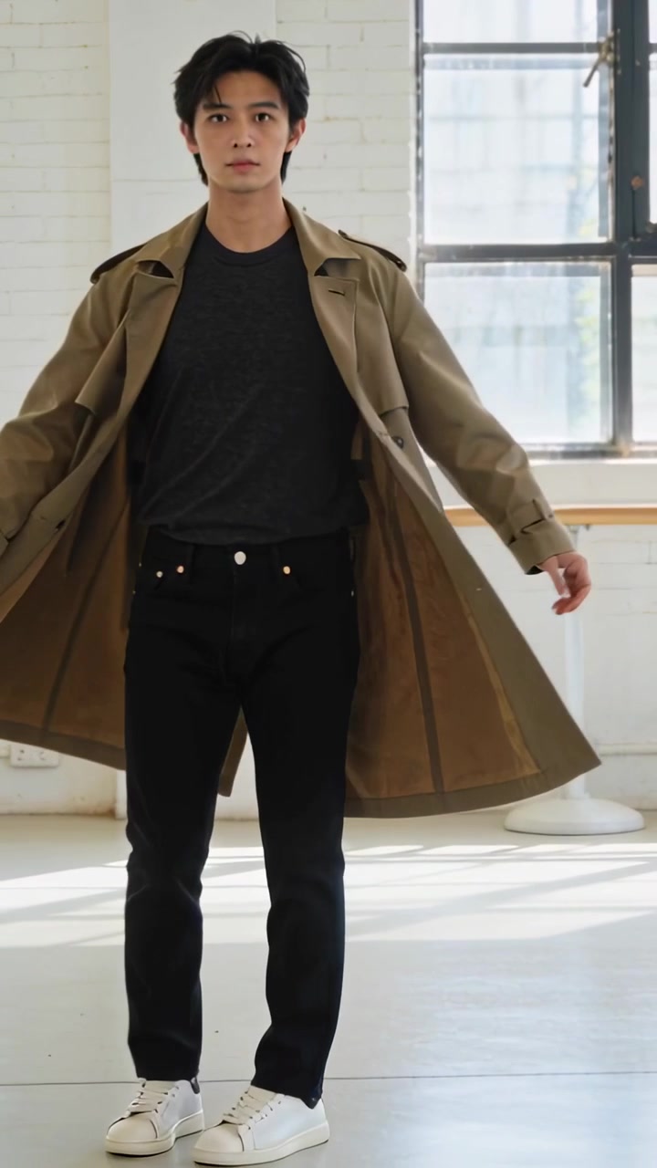 Video vertikal: Pria Asia berputar saat kamera merekam di studio, mantel parit cokelat muda berkibar untuk fashion.