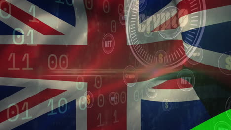 binary code and cryptocurrency symbols over united kingdom flag animation