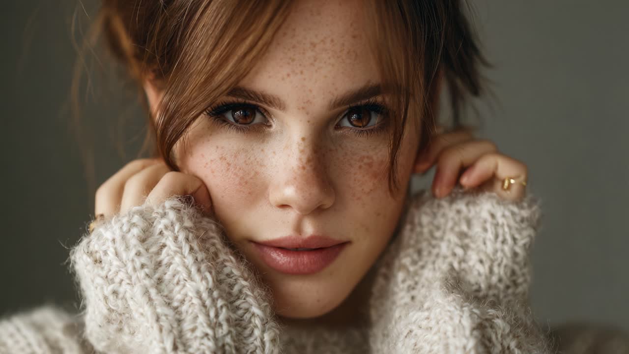 A Captivating Portrait of a Young Woman with Freckles in a Cozy Sweater, Capturing Subtle Changes in Expression and Intensity Across Two Frames