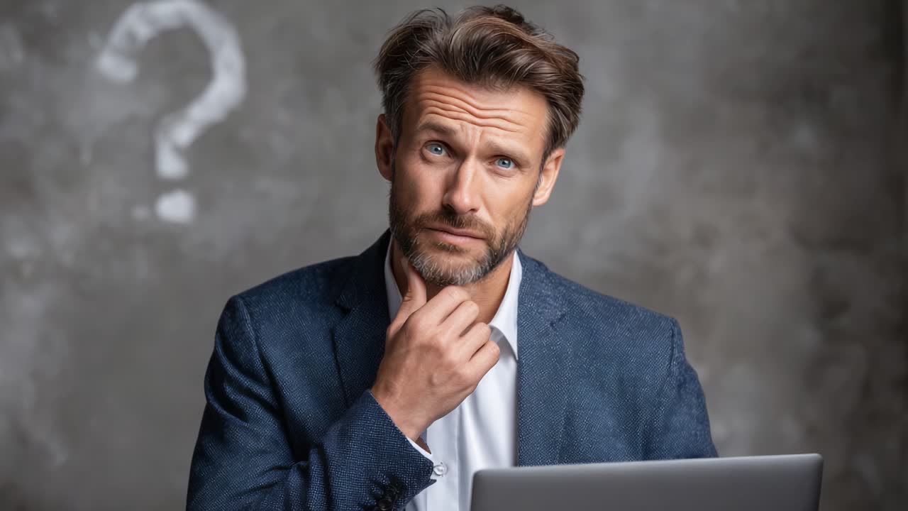 A Man in Business Attire Contemplates Deeply While Staring at His Laptop, the Background Featuring a Mysterious Question Mark Representing Uncertainty
