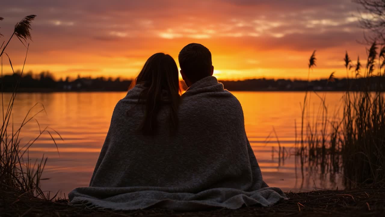 A Couple Embracing Nature, Wrapped in a Cozy Blanket, Watching a Breathtaking Sunset by the Serene Waterside, Capturing a Moment of Peace and Togetherness