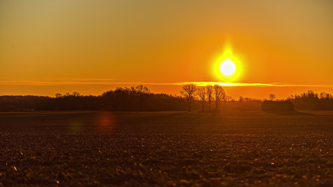 el amanecer dorado se rompe sobre el horizonte y la niebla matutina para iluminar los campos de cultivo - lapso de tiempo