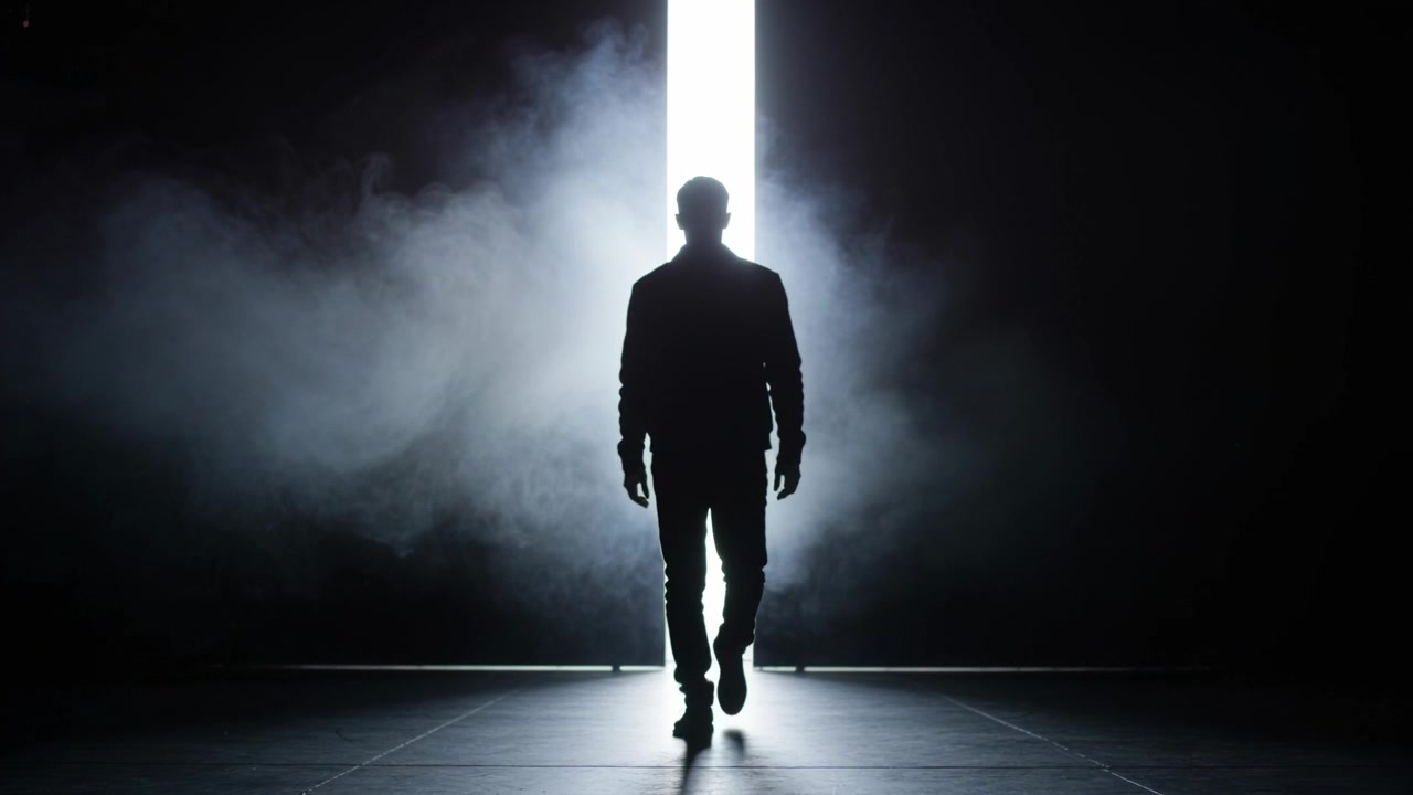Uomo in giacca che cammina da una fessura luminosa verso un ambiente buio, nebbia sul pavimento piastrellato, fermandosi.