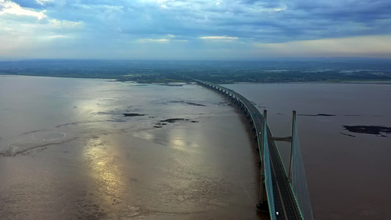 Slow pull out aerial following the Second Severn Crossing away from England