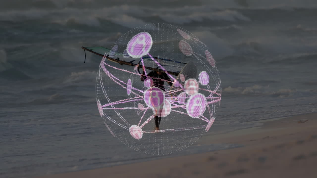 male windsurfer walking carrying board on beach, showing technology network sphere with pink nodes