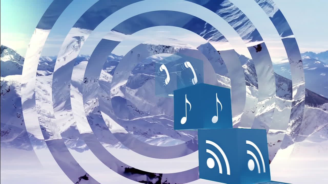 겨울 풍경 위에 떠다니는 디지털 아이콘의 애니메이션