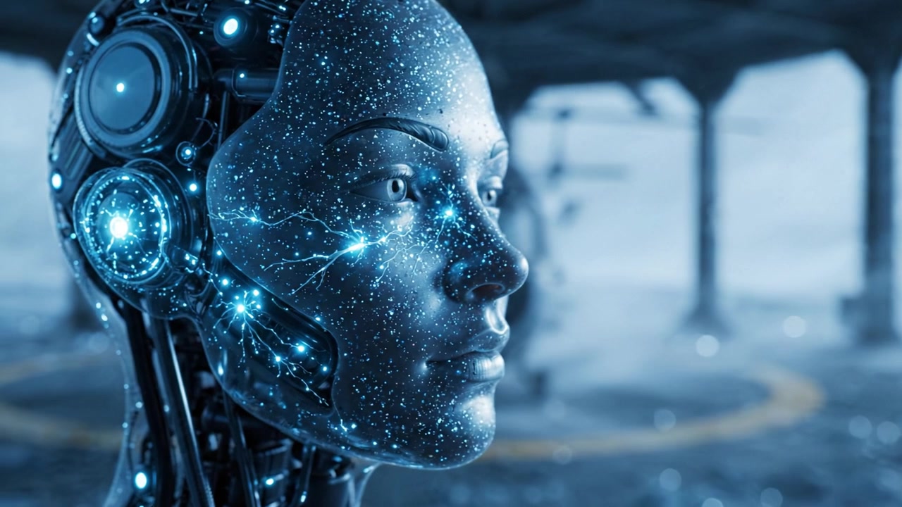 Evoluzione di robot futuristico: Un viaggio ravvicinato da un volto meccanico elegante a una persona robotica elettrizzante in un ambiente ad alta tecnologia