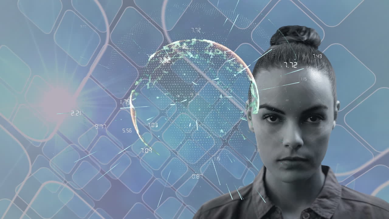 rastros de luz sobre un globo contra el retrato de una mujer contra el punto de luz y formas cuadradas