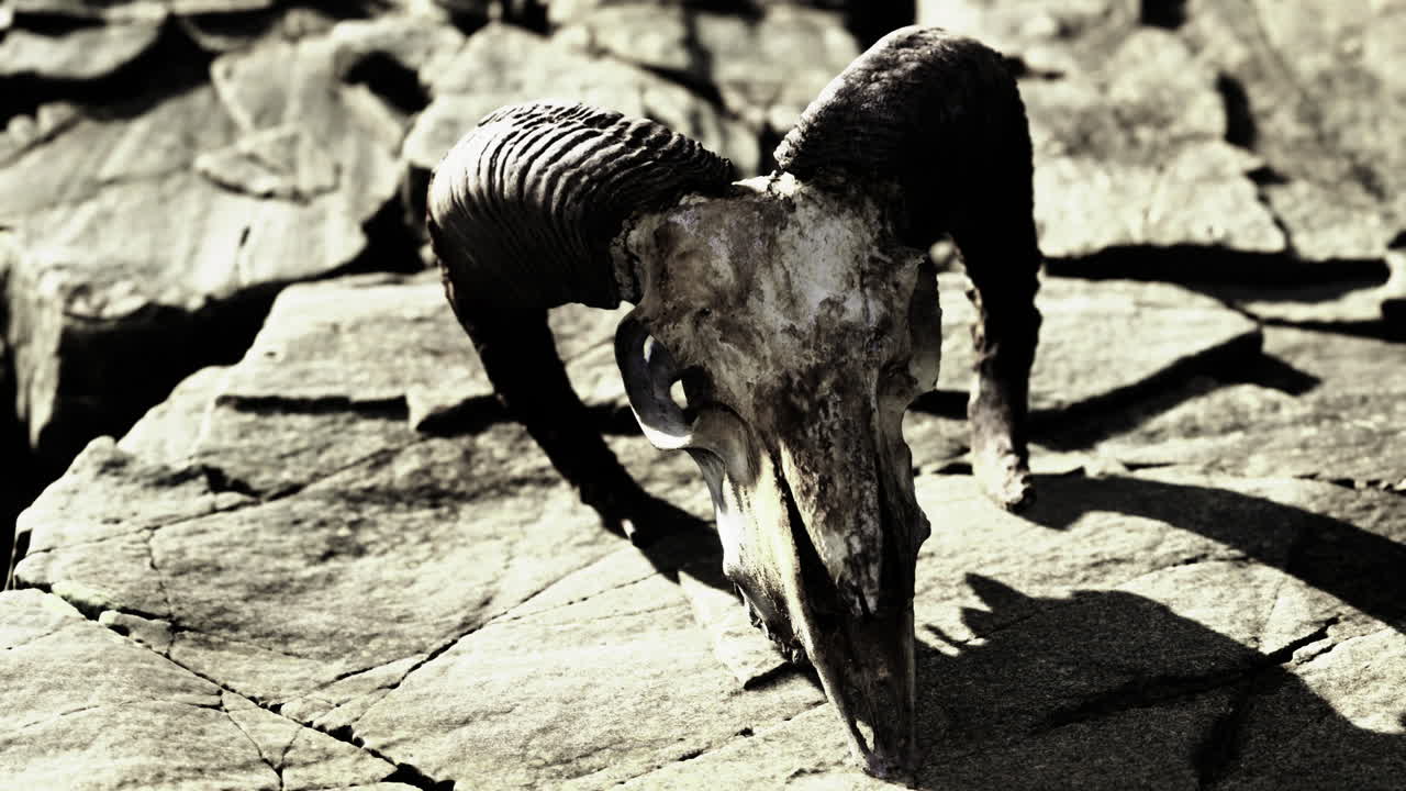 Ram skull rests on rocky terrain under a pale sky at dusk