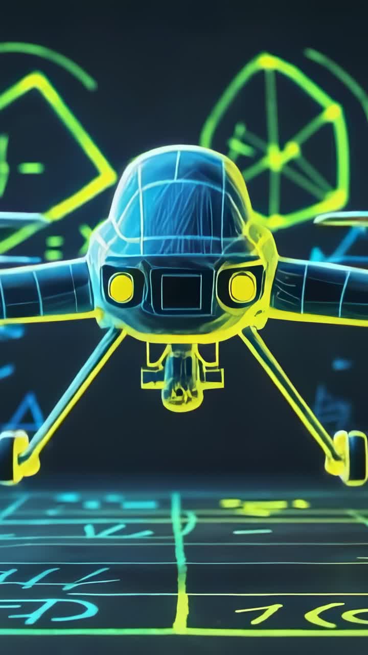 Vertical video: After two-second hover, UAV emitting beam in lab with neon diagrams, mapping grid