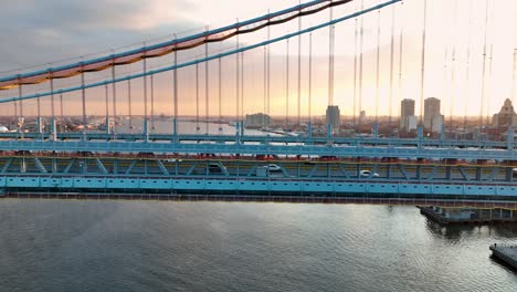 Aerial-side-view-of-Ben-Franklin-Bridge-in-Philadelphia