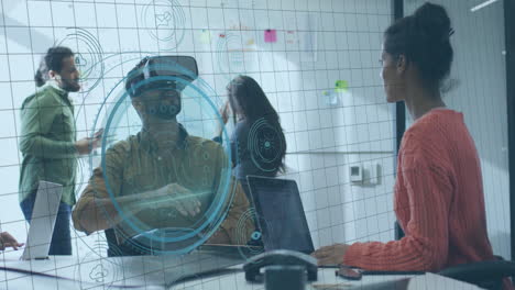 using virtual reality, people collaborating in office with digital data animation