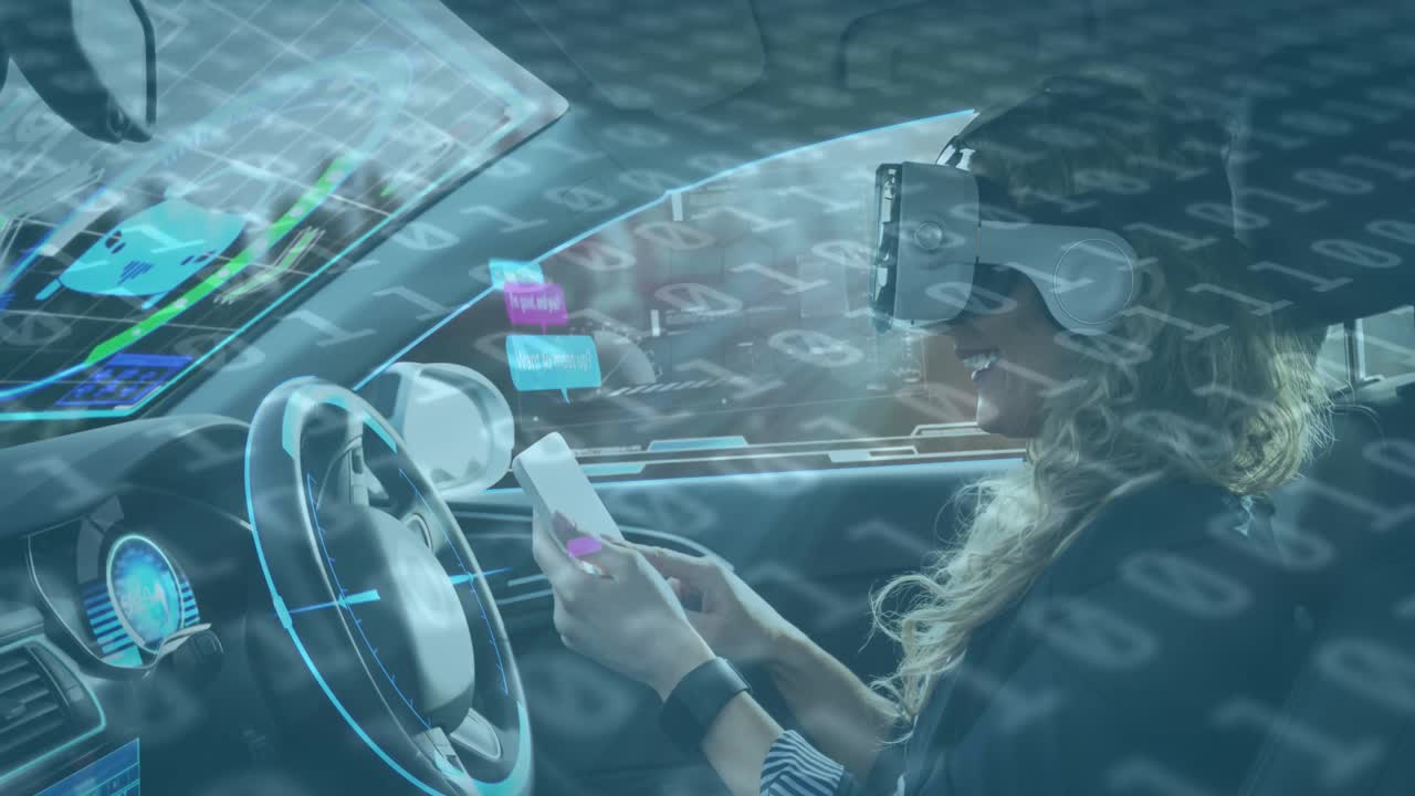 animación de pantallas de información con mujer en auriculares vr usando teléfono inteligente en coche de conducción autónoma
