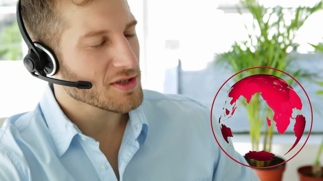 Animasi globe di atas para pebisnis pria mengenakan headset