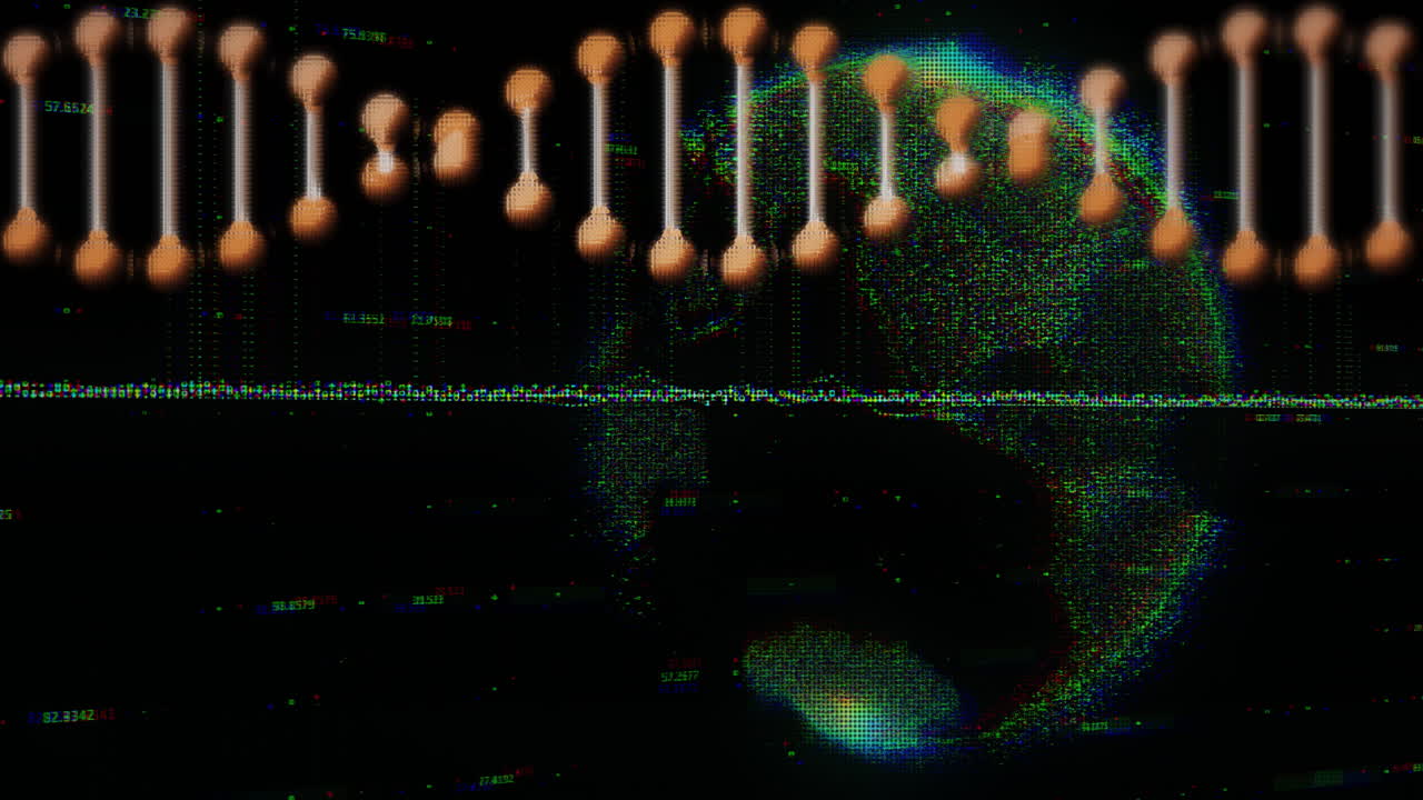 DNA strand animation over digital globe with glitch effects