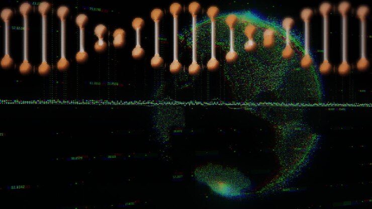 Animazione di filamento di DNA su globo digitale con effetti glitch