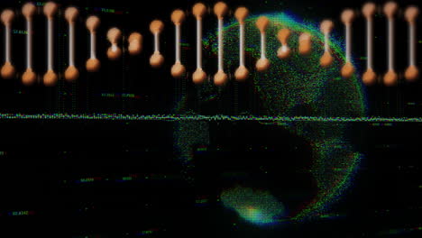 dna strand animation over digital globe with glitch effects