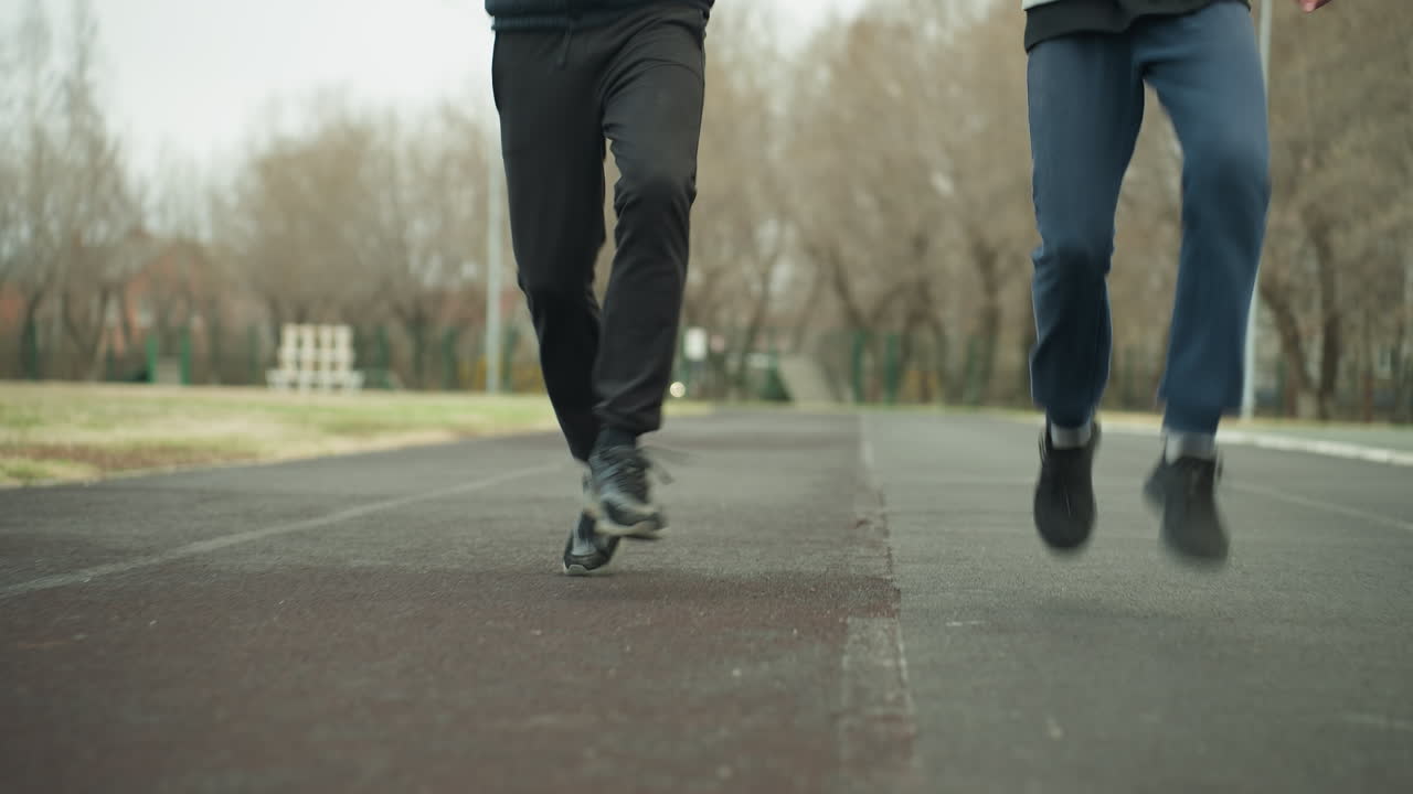 Two people jogging side by side on a stadium track, with the person on the left lifting his leg higher than the other person