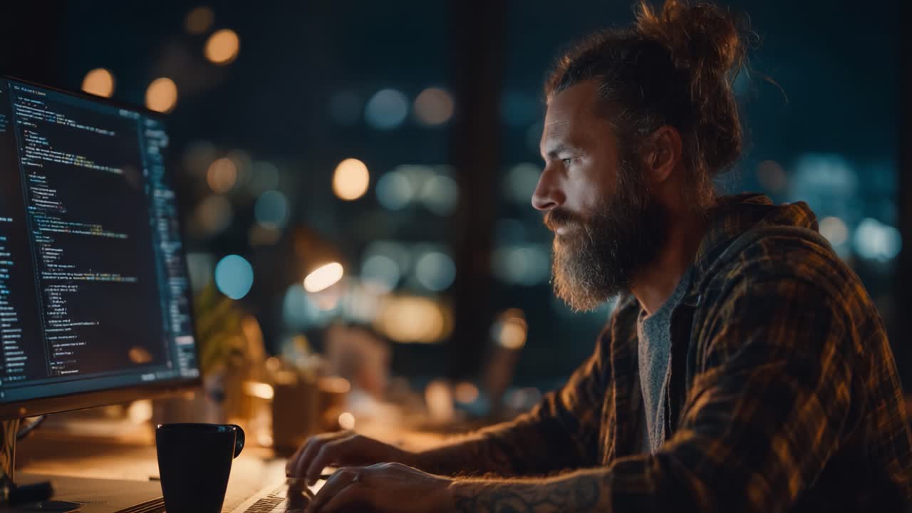 Focused Programmer Working Late at Night on Complex Coding Project, Surrounded by Warm Ambient Lighting and Modern Workstation, Deep in Thought and Creativity