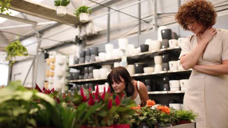 women choosing plants in garden center