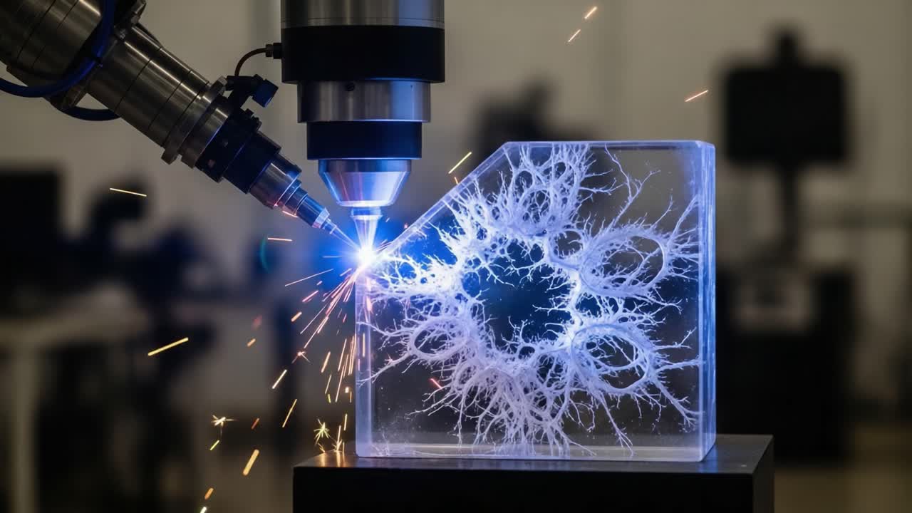 Exploring Laser Technology: A High-Energy Beam Igniting a Futuristic Design in Transparent Material with Electric Patterns and Sparks