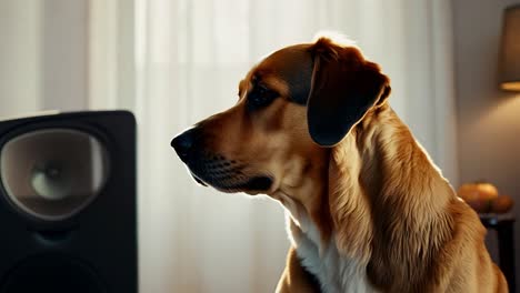 brown dog moving its head curiously near a speaker, enjoying the sounds of music in a cozy home environment