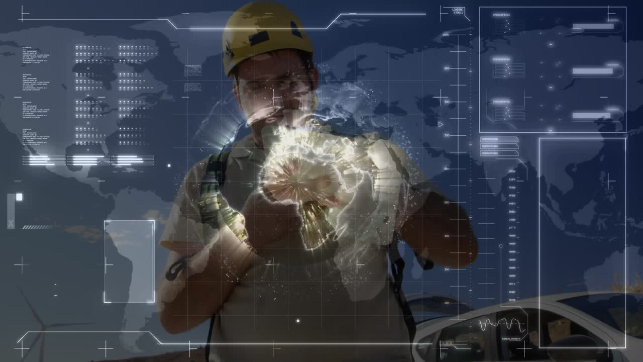 animación de la interfaz con el procesamiento de datos contra un ingeniero caucásico usando una tableta digital