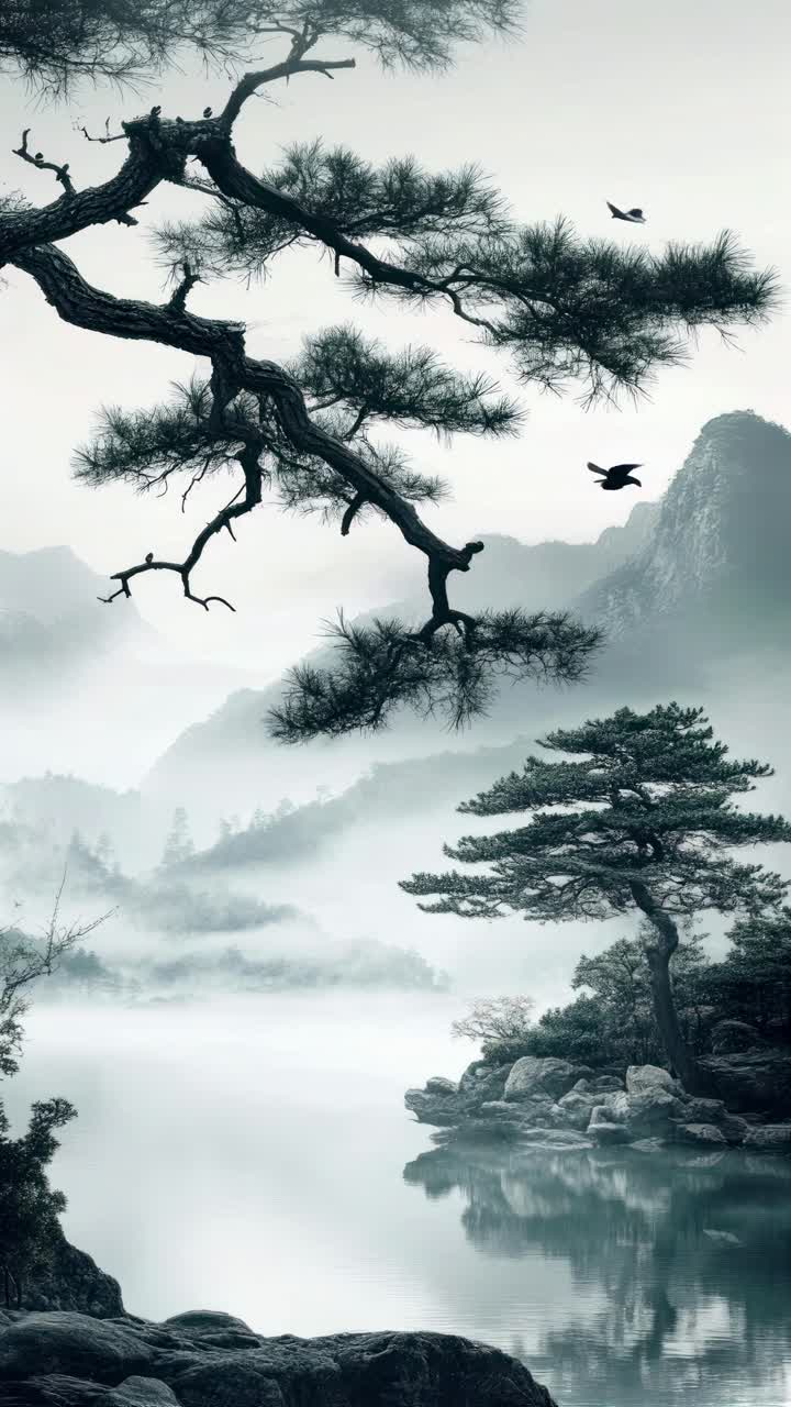 Serene landscape video concept with misty mountains and tranquil lake